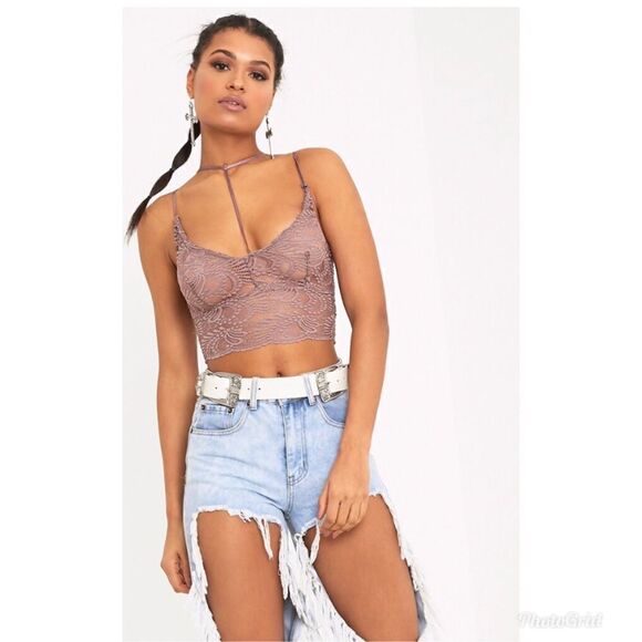 2/$30 Prettylittlething Indya Truffle Sheer Lace Choker Strap Crop Top Size US 0 - Picture 2 of 14